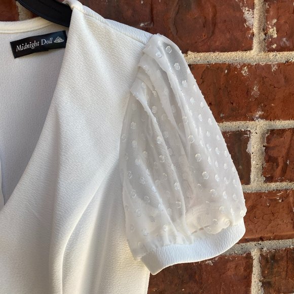 Midnight Doll White Puff-Sleeve V-Neck Mini Dress - Picture 3 of 6